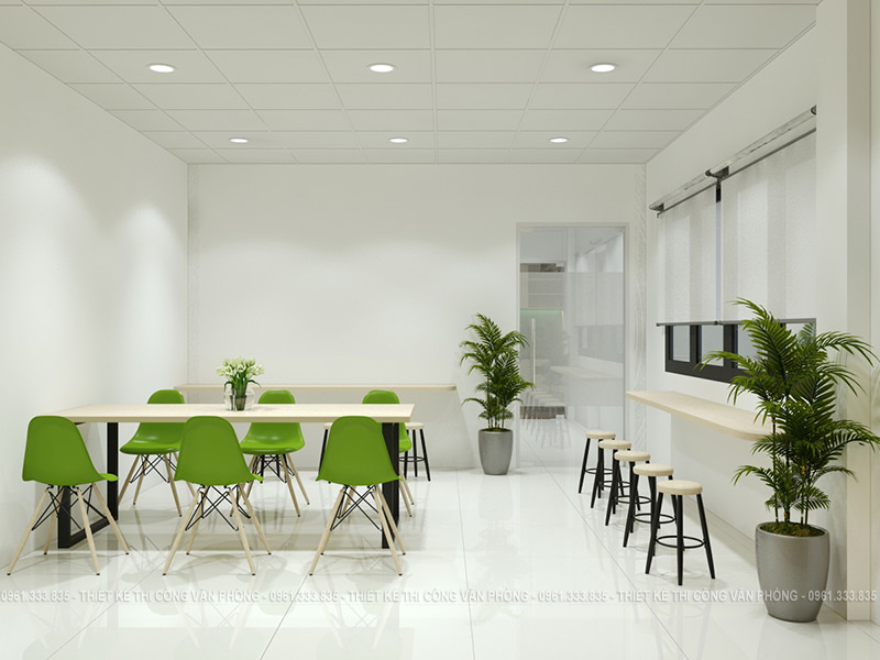 Thiết kế khu vực ăn uống hiện đại với điểm nhấn là ghế ăn màu xanh lá