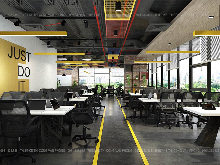 Thiết kế nội thất không gian làm việc hiện đại tông màu đen xám nhấn màu vàng